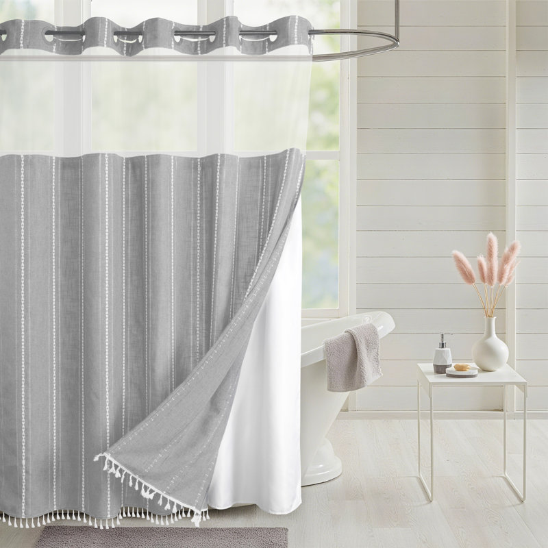 Rideau de douche en lin texturé à rayures No Hook, Gris clair, H 74 po x l 71 po