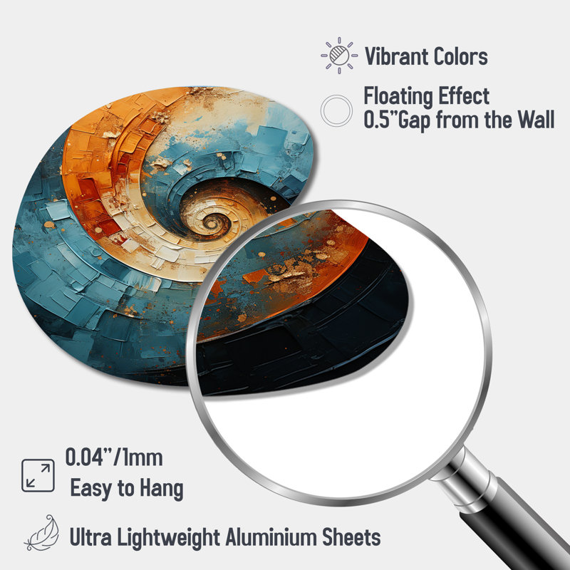 Cindylou - spirale abstraite, décoration murale en métal, impression asymétrique orange sur métal, H 33 po x l 33 po