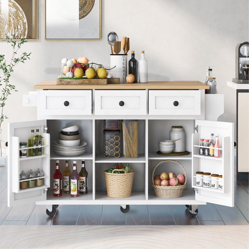 Kitchen Cart With Rubber Wood Drop-Leaf Countertop ,Cabinet Door Internal Storage Racks,Kitchen Island On 5 Wheels With Storage Cabinet And 3 Drawers For Dinning Room