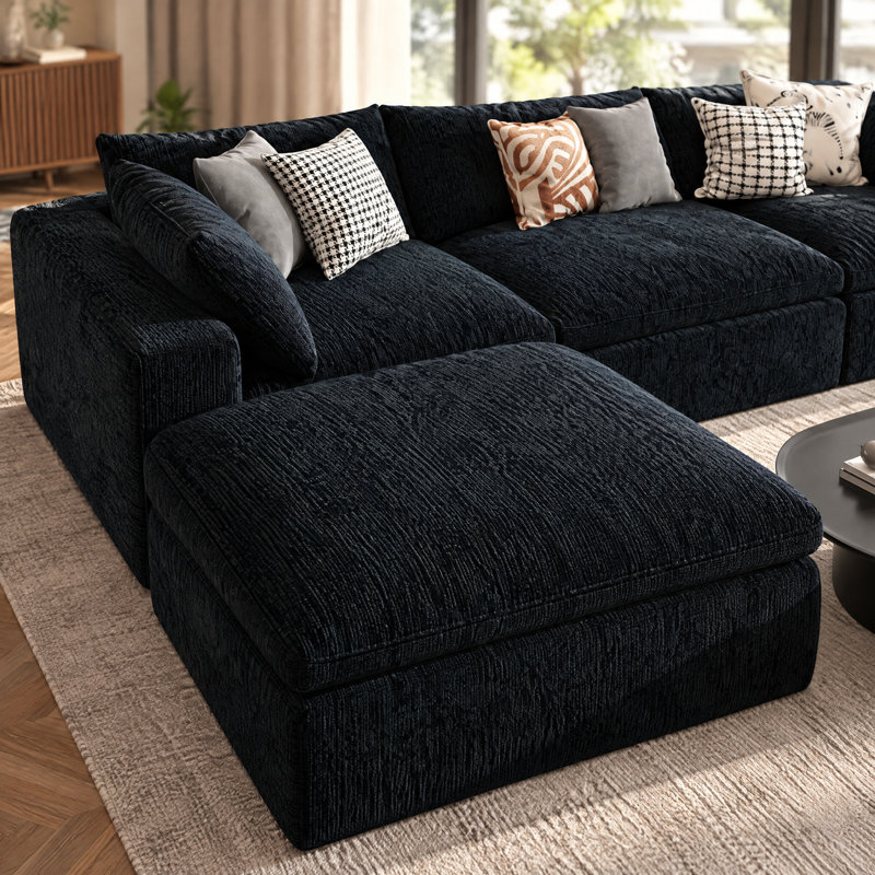 Canapé d'angle modulaire à compression 4 pièces de 117 pouces de large, canapé en forme de L avec assise profonde en chenille et coussins, canapé avec méridienne (noir)