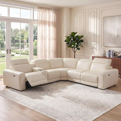 Canapé modulaire inclinable électrique en cuir 6 pièces de 113 po avec appuis-tête réglables, console de rangement, éclairage DEL et haut-parleurs Bluetooth