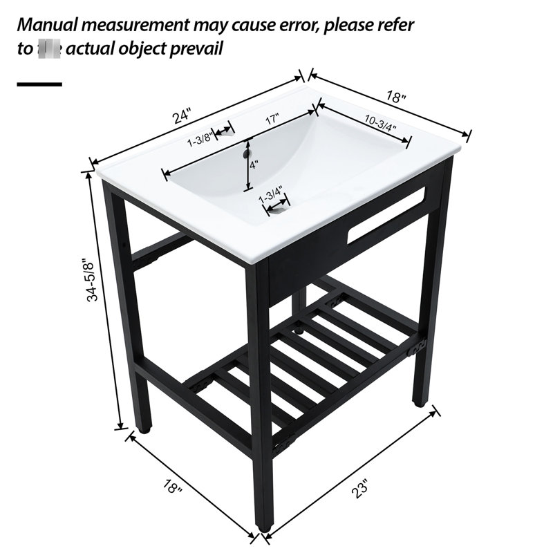 Lavabo console de salle de bain en céramique 24 "x 18" avec trop-plein et pieds noirs, teinture hygiénique, faible absorption d'eau, fixation murale pour un évier blanc peu encombrant, trop-plein, construction, facile