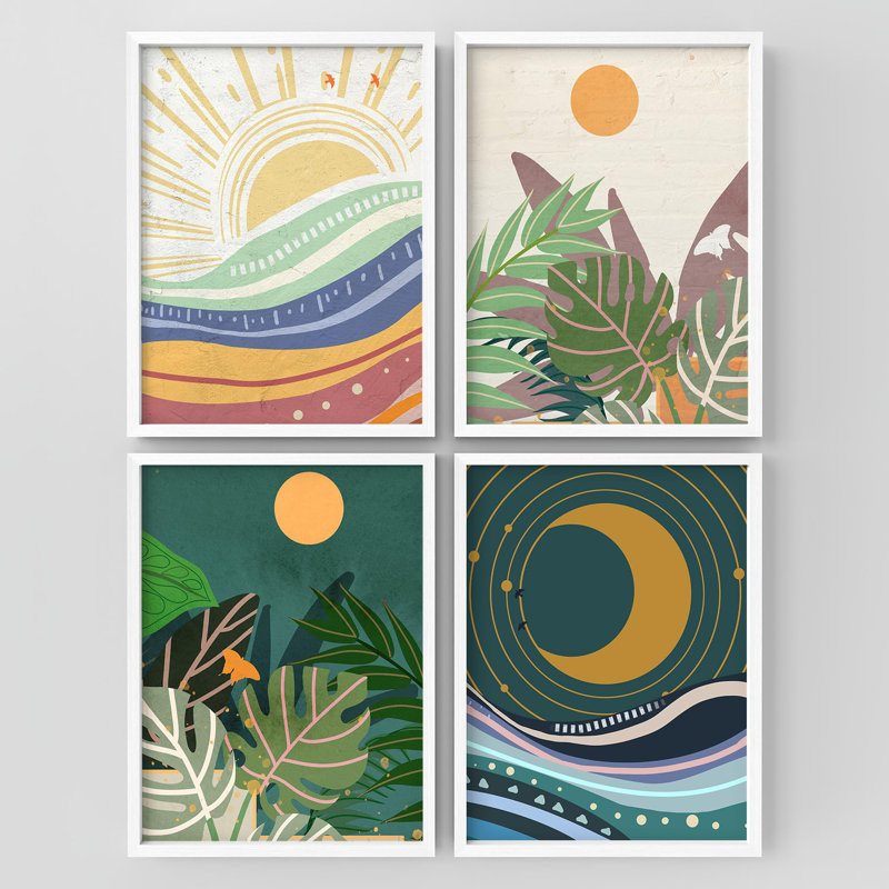"Plante tropicale avec soleil et lune", Blanc, H 14 po x l 11 po