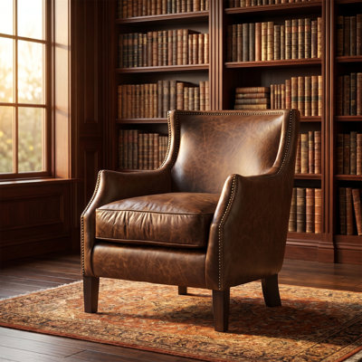Chair Upholstered In Top-grain Leather In Vintage Brown, With A Solid Wood Frame; Suitable For Bedrooms And Living Rooms