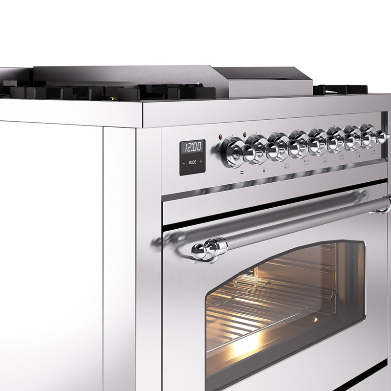 ILVE Nostalgie II Series 36 inch Dual Fuel Range with 6 Burners, Griddle (Glass Door), Stainless Steel/Chrome, Natural Gas