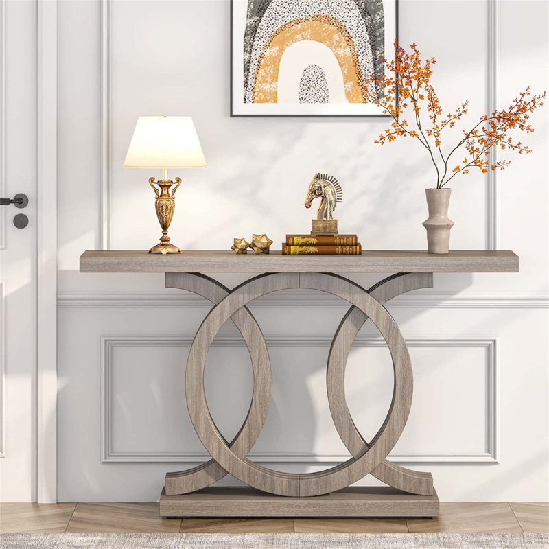 55” Farmhouse Console Table with Geometric Wooden Base, Rustic Entryway Sofa Table for Living Room, Hallway, Foyer – Decorative Accent Table for Display and Storage, Grey