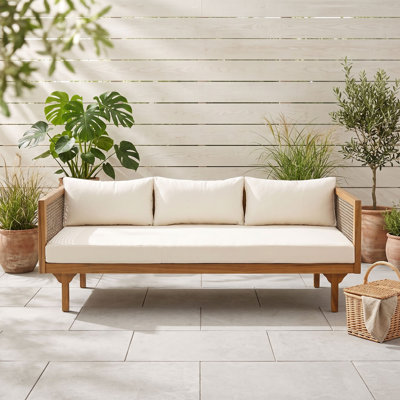 Lit de jour d'extérieur en bois d'acacia avec accoudoirs en rotin, canapé de patio avec coussins résistants à l'eau