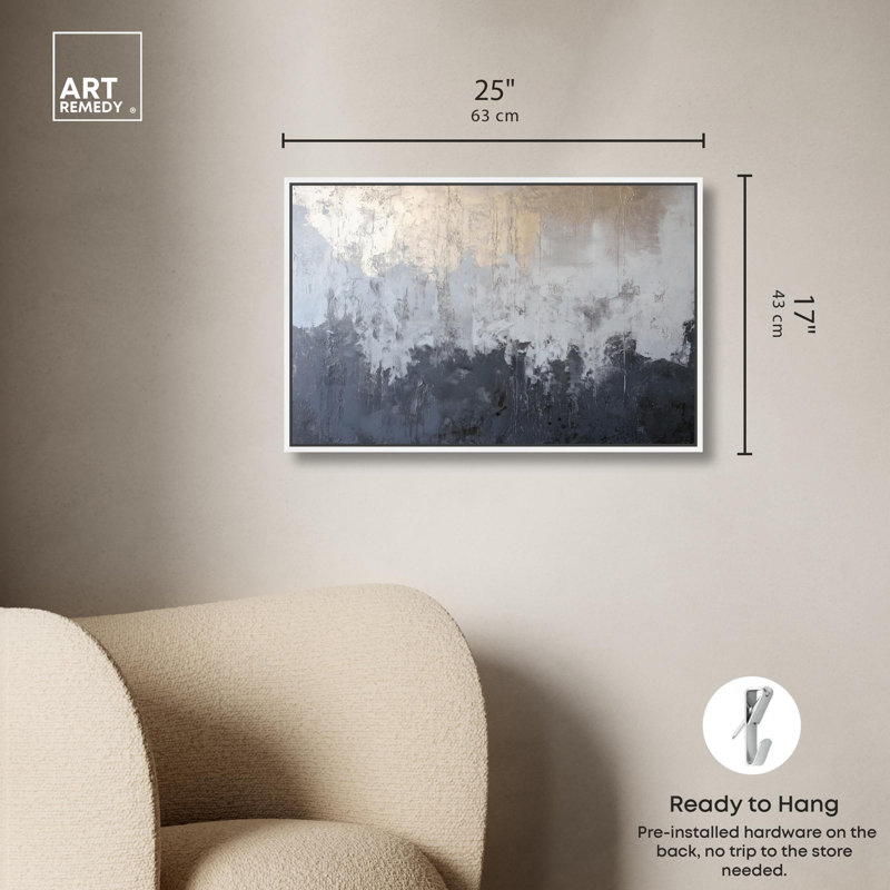 «Silvered Layers», art abstrait bleu par Art Remedy, Cadre blanc, H 17 po x l 25 po