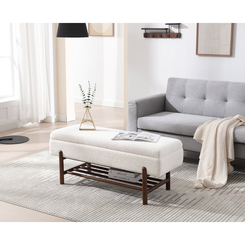 Merizier Polyester Blend Upholstered Storage Bench, White, Walnut