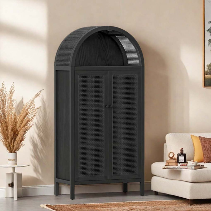 Arched Rattan Storage Cabinet China Cabinet, Black