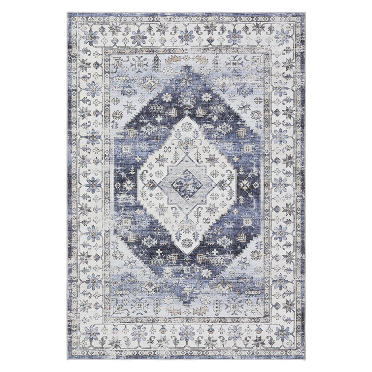 Oriental Machine Washable Area Rug with Rubber Backing for Living Room Non-Slip Indoor Carpet Low-Pile Rug for Bedroom Dining Room Hallway Kitchen Office Playroom Nursery