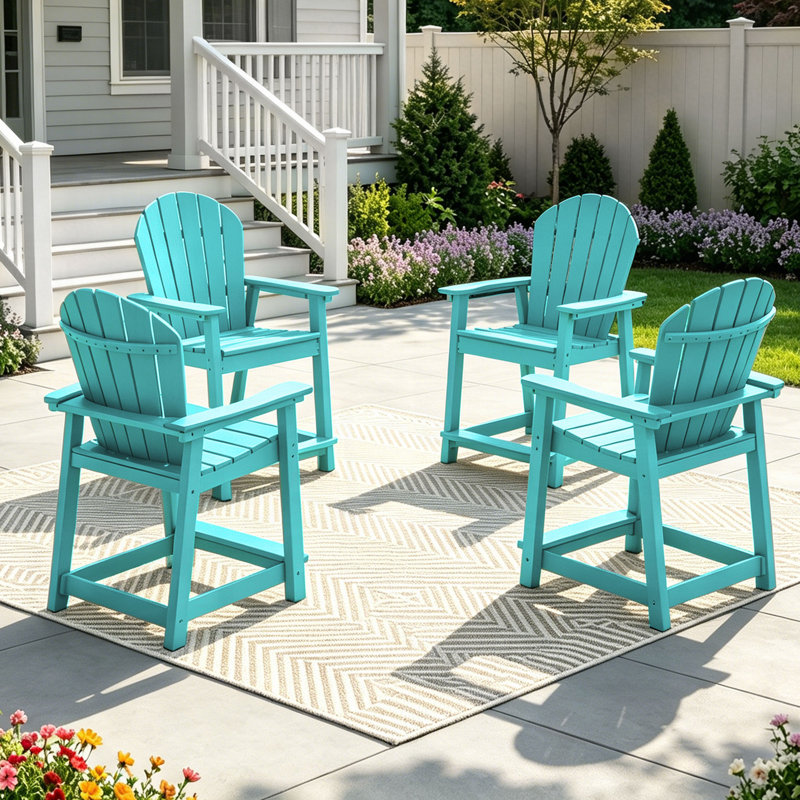 Outdoor HDPE Adirondack Chair Set of 4, Patio Bar Stools, Blue