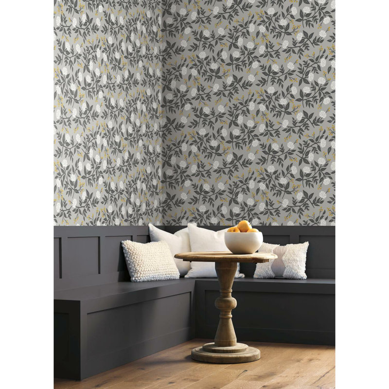 Papier peint pivoines 27 pi x 27 po, Gris / blanc