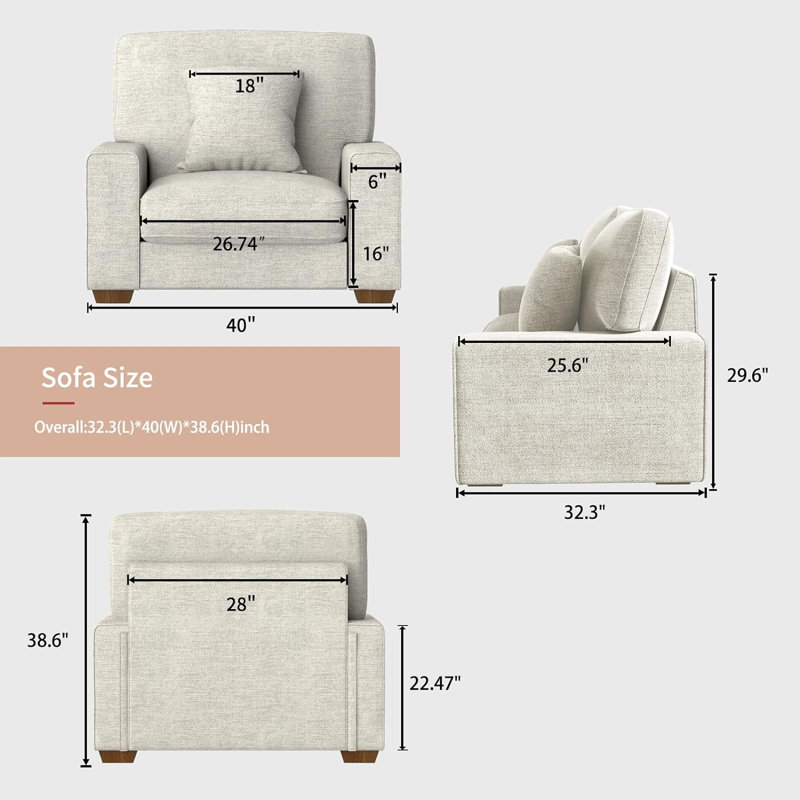 Fauteuil surdimensionné de 40 po de largeur avec fauteuil rembourré et demi, Chenille beige