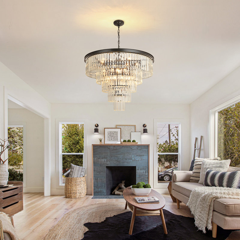 Lustre en cristal Makinlee, H 22,44 po x l 31,5 po x P 31,5 po, 15 lumières, Noir mat