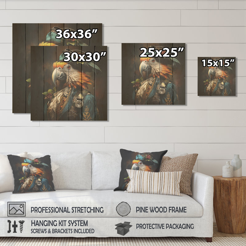 Pirates Parrot Feathered Buccaneer I - Pirate On Wood Print, 25" H x 25" W