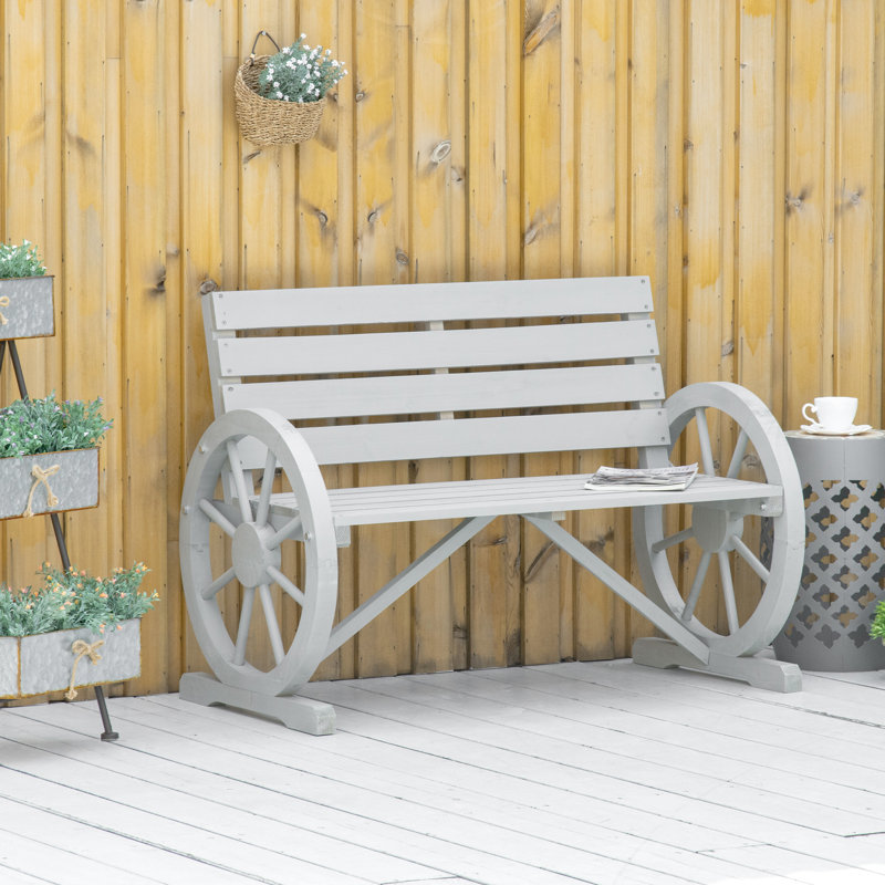 Outdoor Rustic 2 Bench - 41" Wooden Wagon Wheel, Gray, Weather , , Solid Fir Wood Construction Gray Bench, With Wheel And Weather- Seat