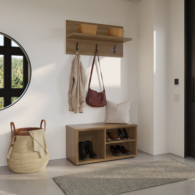 Porto Entryway Wall-Mounted Coat Rack with Shoe Storage Bench, Brown