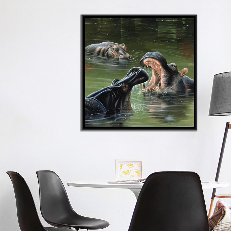 «Hippos in Water», impression sur toile, H 18 po x l 18 po x P 1,5 po, Toile avec cadre noir, Pas de tapis