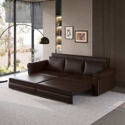Faux Leather Convertible Sleeper Sofa with Nailhead Trim & Rolled Arm,Pull Out Sofa Bed