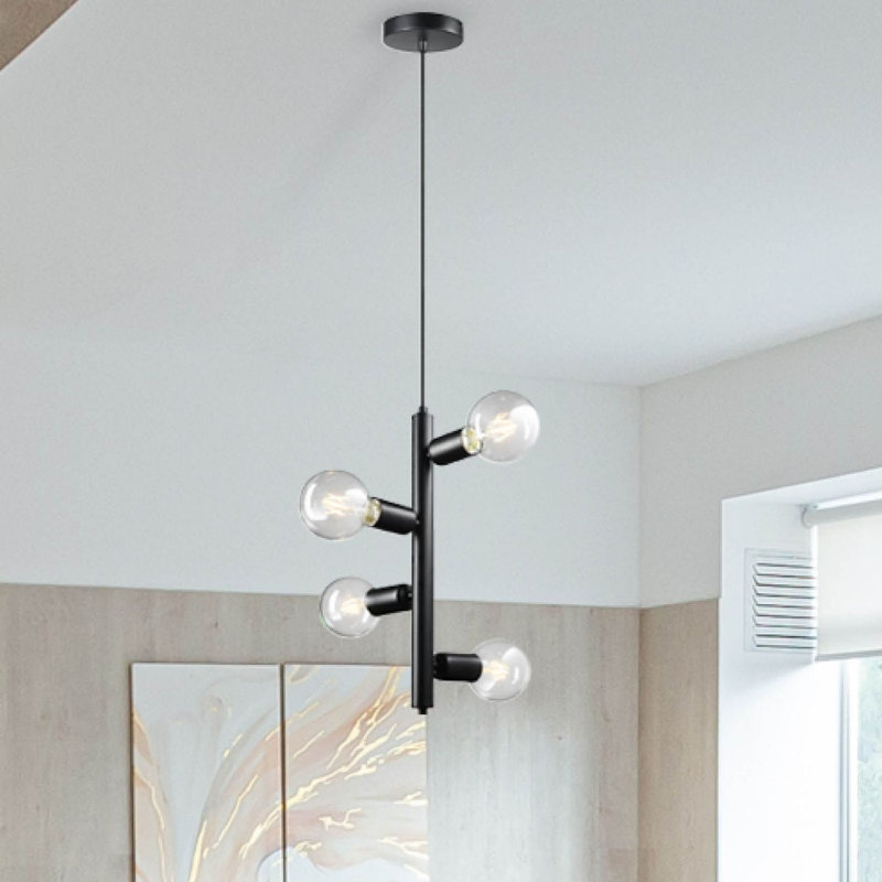 Luminaire suspendu spoutnik 4 lumières à finition noire satinée, cordon de suspension réglable 6 pi