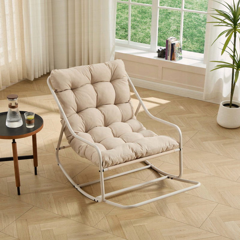 Chaise berçante d'extérieur avec coussin épais et confortable, Beige, Blanc