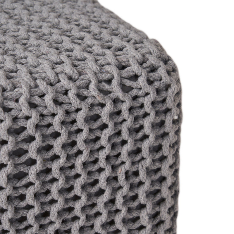 Square Knitted Footstool Ottoman, Handwoven Design 17 Inch Gray Cotton