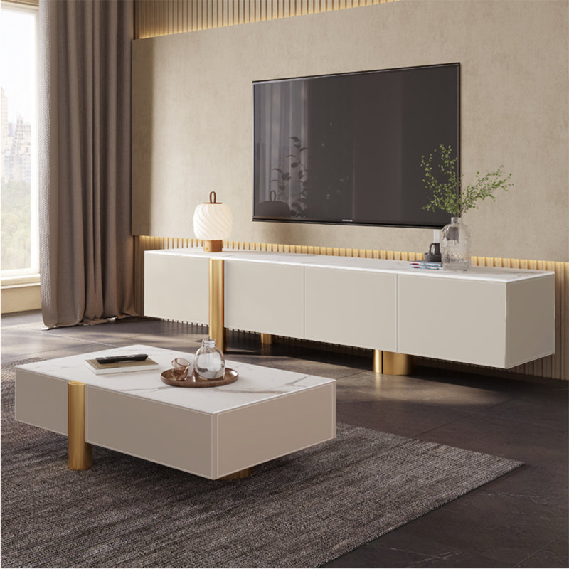 Meuble télé et table basse de luxe léger, Or/beige
