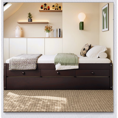 Minimalist Solid Wood Platform Bed with Trundle and Dual Storage Drawers, Perfect for Space-Saving and Modern Interiors.