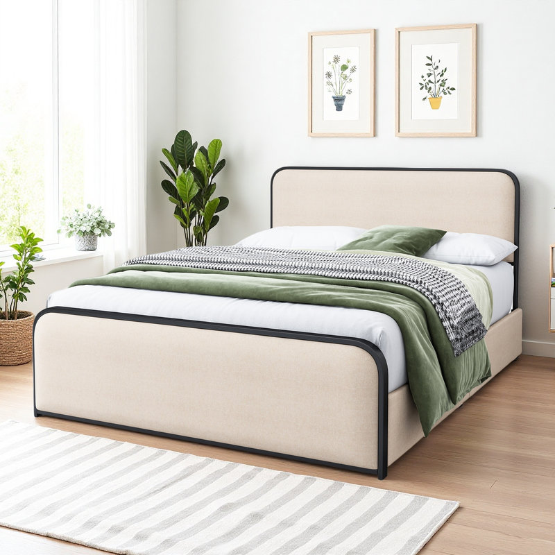 Upholstered Bed with Storage, Queen, Beige/Black, Storage Included