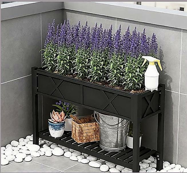 Boîte à fleurs surélevée en bois, lit de jardin surélevé, avec tablette de rangement, trous de drainage et doublure, Noir