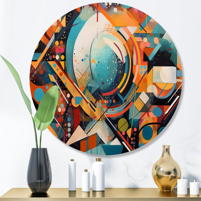 Orange et bleu, vibrations géométriques IV - art mural rond abstrait géométrique sur métal, H 23 po x l 23 po x P 1 po