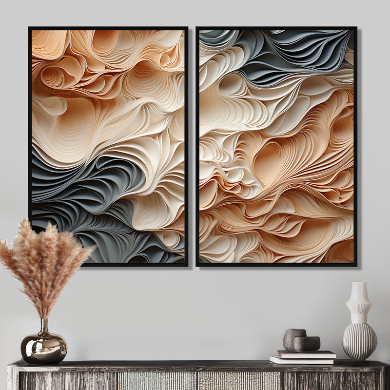 «Beige et orange Custards Collage I», art mural abstrait grand, H 36 po x l 48 po, Impression encadrée flottante, Noir