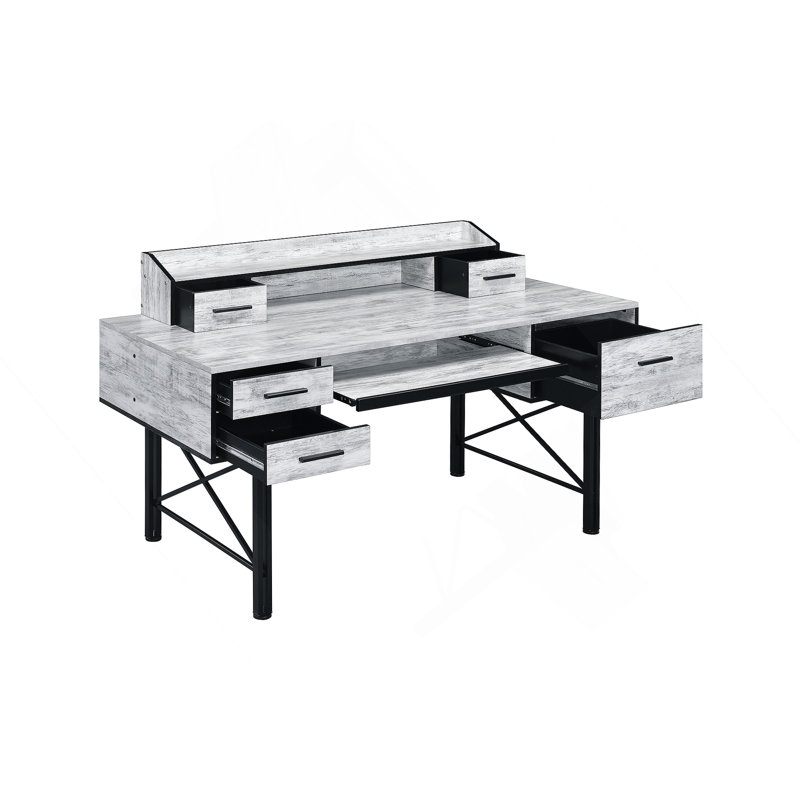Bureau d'ordinateur antique à finition blanche et noire avec 5 tiroirs et 1 tablette à niveaux, parfait pour les espaces de travail organisés.