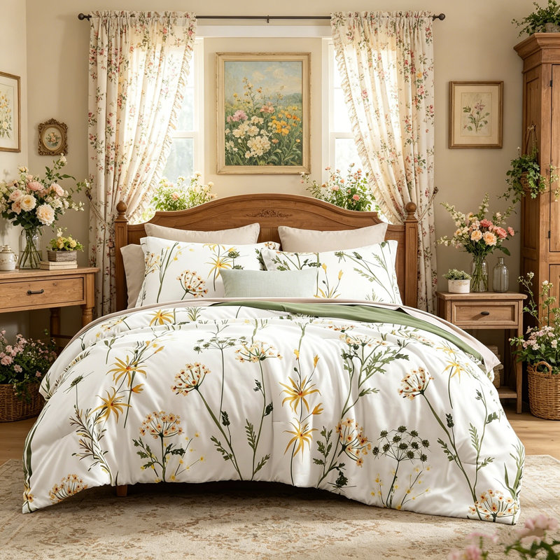 Ensemble d'édredon 7 pièces à motif de pissenlit très grand pissenlit - blanc et vert, Motif floral jaune / blanc