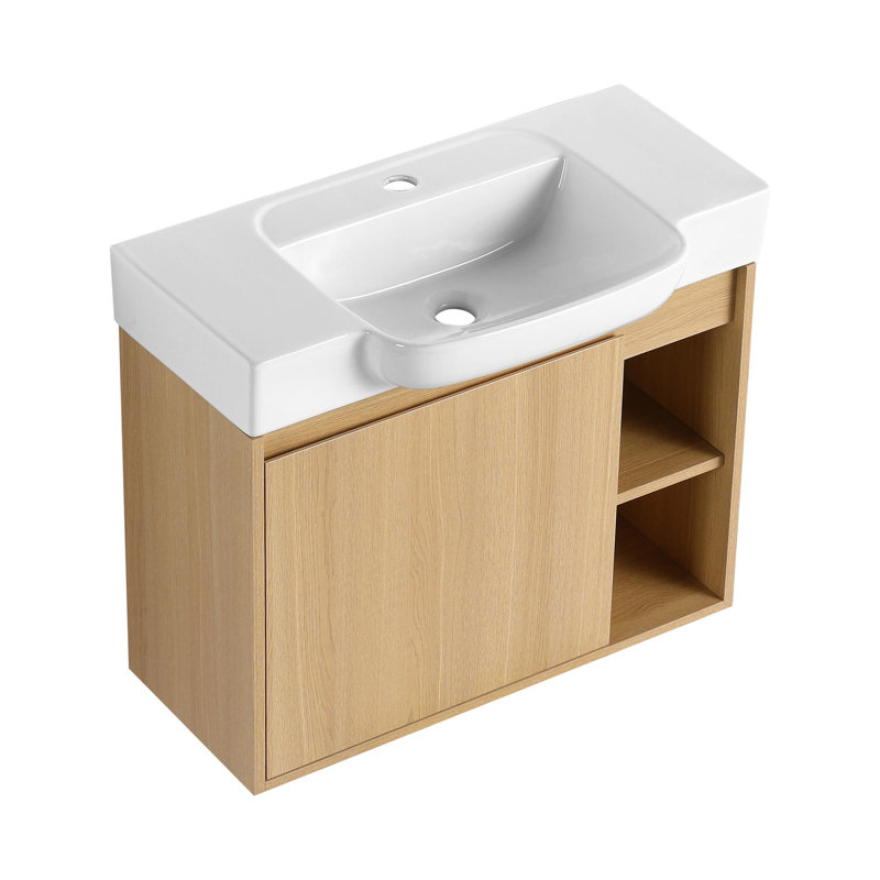 Meuble-lavabo mural multifonctionnel avec porte à fermeture en douceur et tablettes ouvertes, Chêne clair, 28