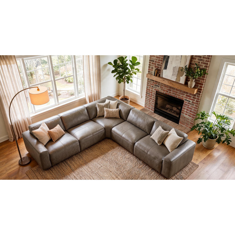Canapé modulaire en cuir fleur Fernagh, Cuir véritable gris