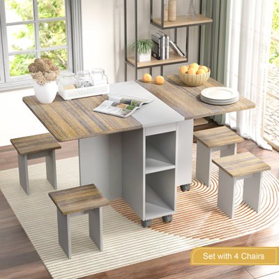 Ensemble de table de salle à manger extensible 5 pièces - Tablette de cuisine multifonctionnelle mobile et pliable avec chaises pour petits espaces