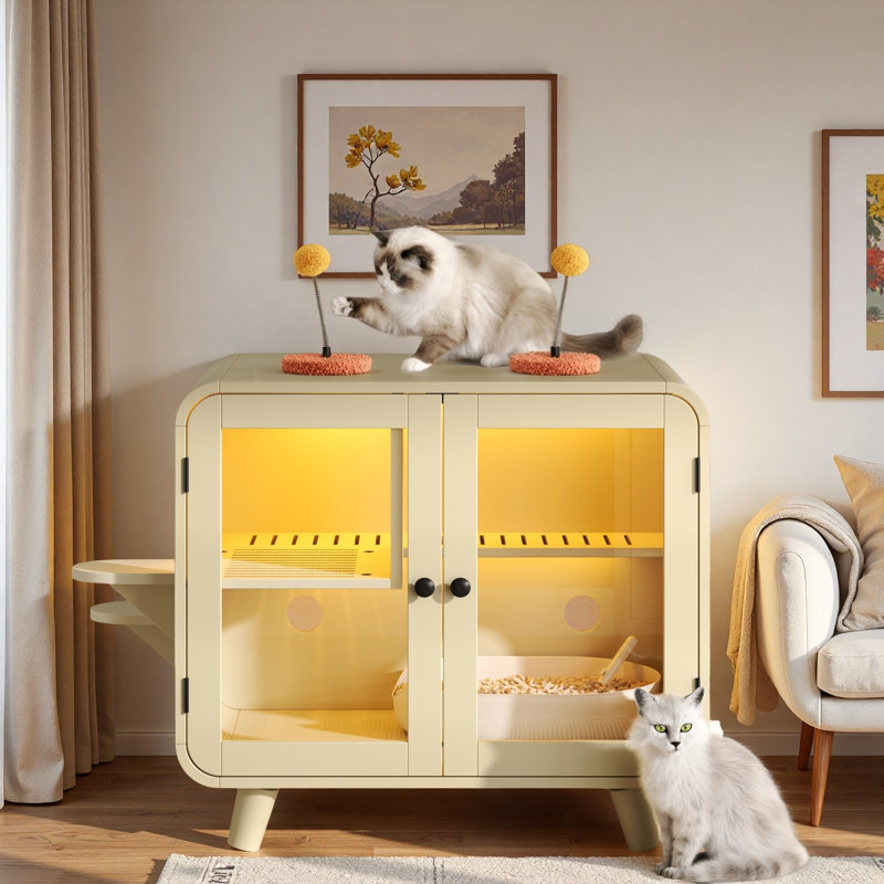 Litière pour chat avec lumière DEL, escaliers latéraux, jouets pour chat, porte pour fuites de litière et portes en verre