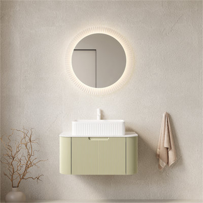 DINA 30" Bathroom Vanity with Sink, Wall-Mounted Floating Curved Edges Striped Bathroom Storage Cabinet with Drawer, White Rectangular Ceramic Basin, No Faucet, Pre-assembled, Light Green Color
