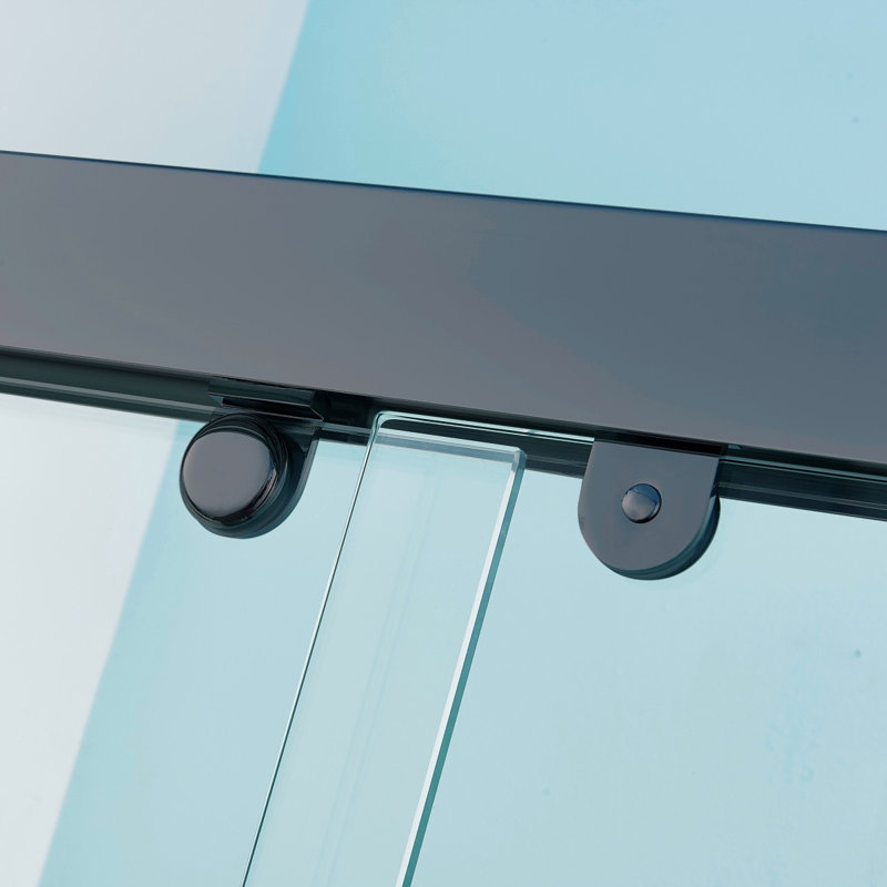 Porte de douche coulissante double l 4448 po x H 75 po, cadre en alliage d'aluminium noir mat, verre trempé clair de 5/16 po (8 mm) de large épaisseur.
