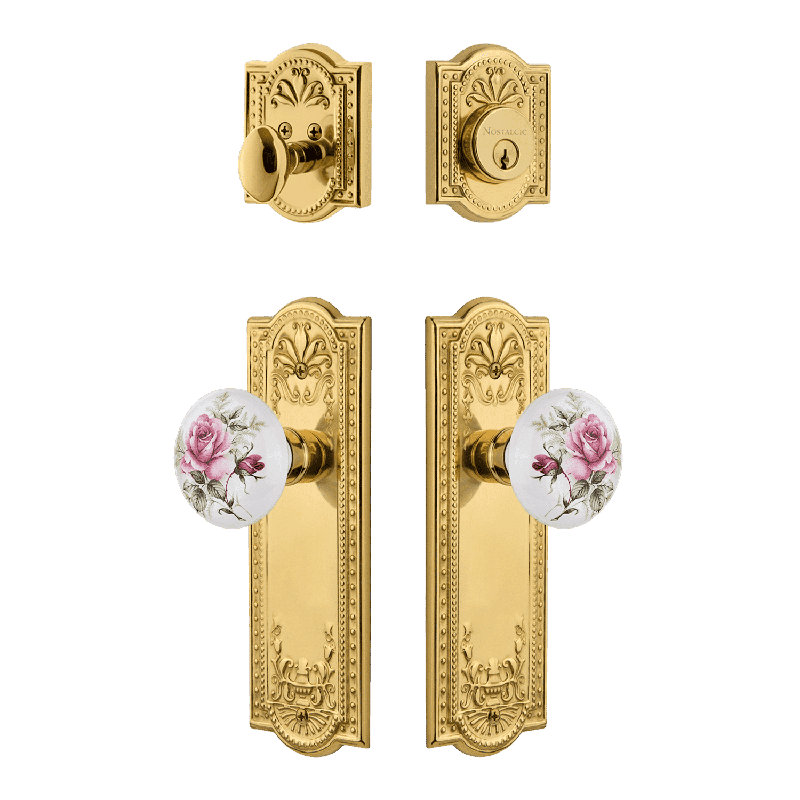 Nostalgic Warehouse Meadows Entry Set with White Rose Porcelain Knob, Polished Brass, 2.375