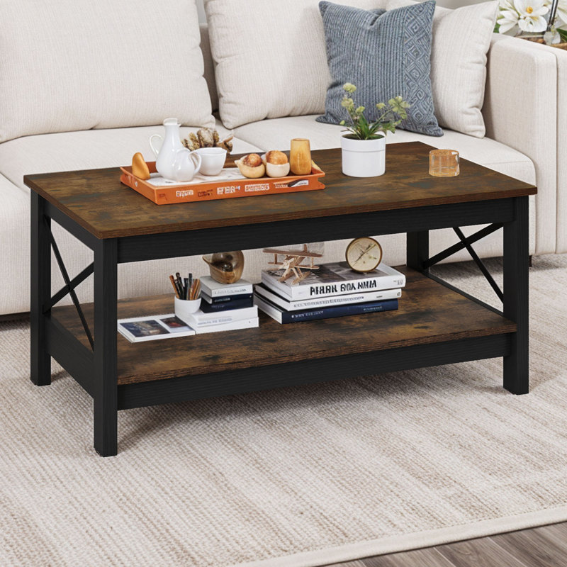 Table basse simple de 39,3 po de largeur avec tablette inférieure et support en X, Brun, Noir