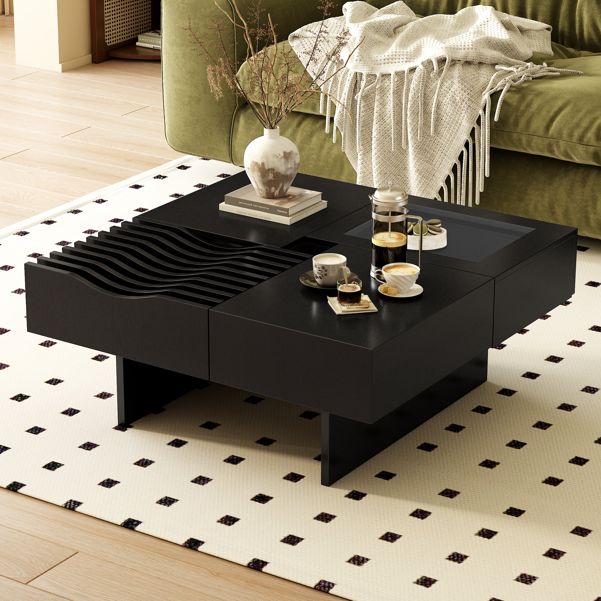 Latitude Run® Square Wooden Coffee Table with 3 Drawers, and Solid Wood ...