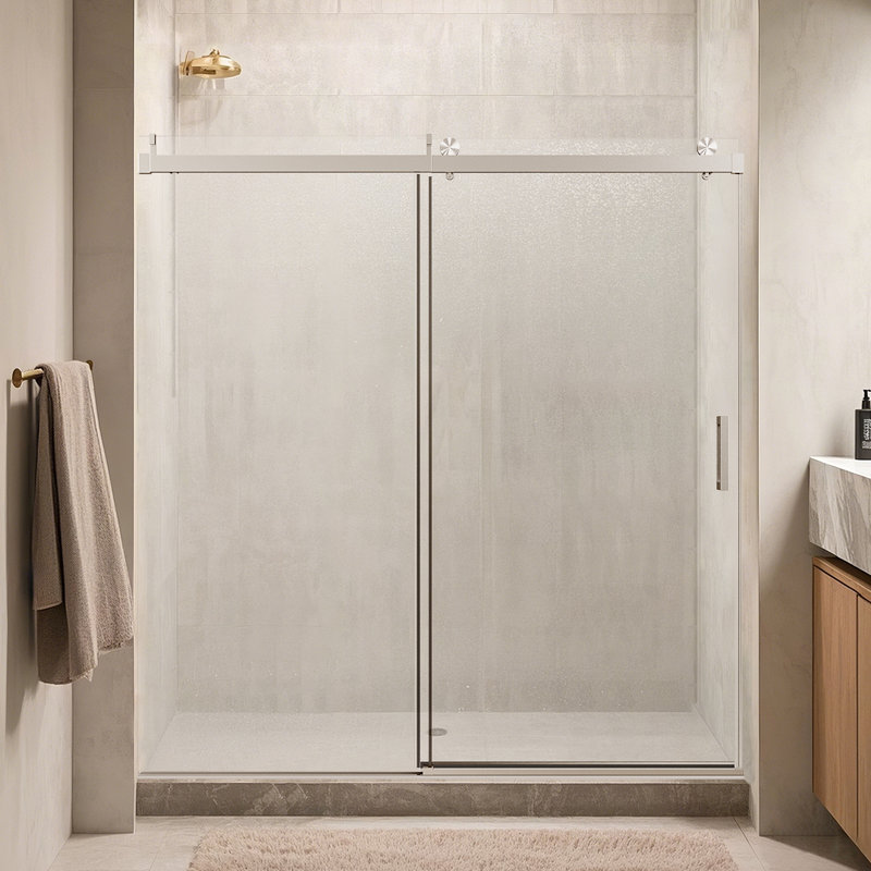 Shower Door 68-72 In W X 76In H, Frameless Single Sliding With Soft-Close 3/8 In Tempered Glass Door, Nickel