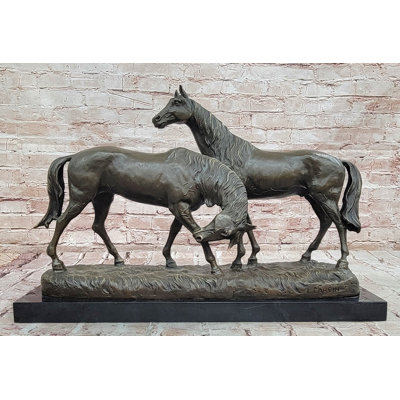 Necking Horses Equestrian Horse Lover Bronze Sculpture Statue Art Figure Marble Base