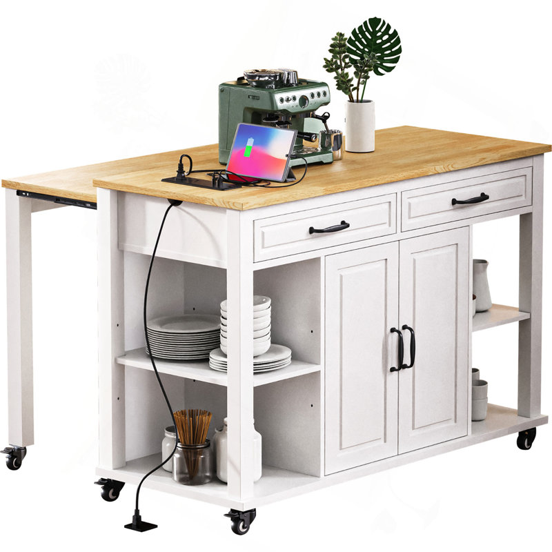 Îlot de cuisine de 47 po avec table de salle à manger extensible, table de cuisine en placage de bois d'hévéa avec support de rangement interne, prise de courant, îlot de cuisine avec rangement 2 tiroirs et 2 armoires