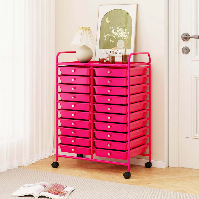 20 Drawers Rolling Storage Cart Art Craft Organizer On Wheels Multipurpose Hot Pink