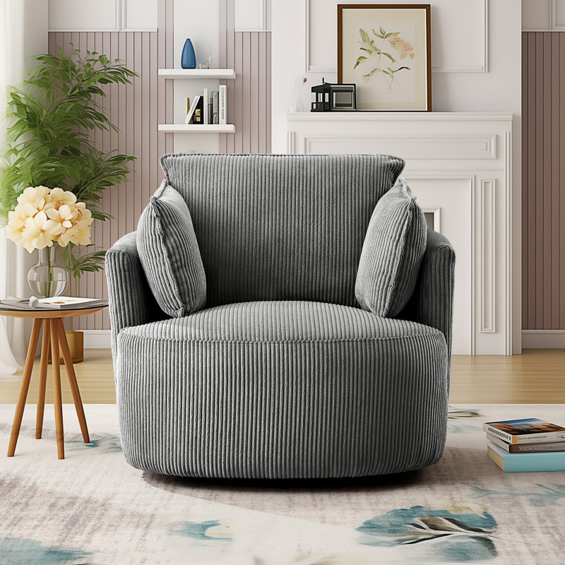 Fauteuil demi-tonneau pivotant en velours côtelé de 37,1 po de largeur avec 2 coussins d'accoudoirs, Velours côtelé gris, 1