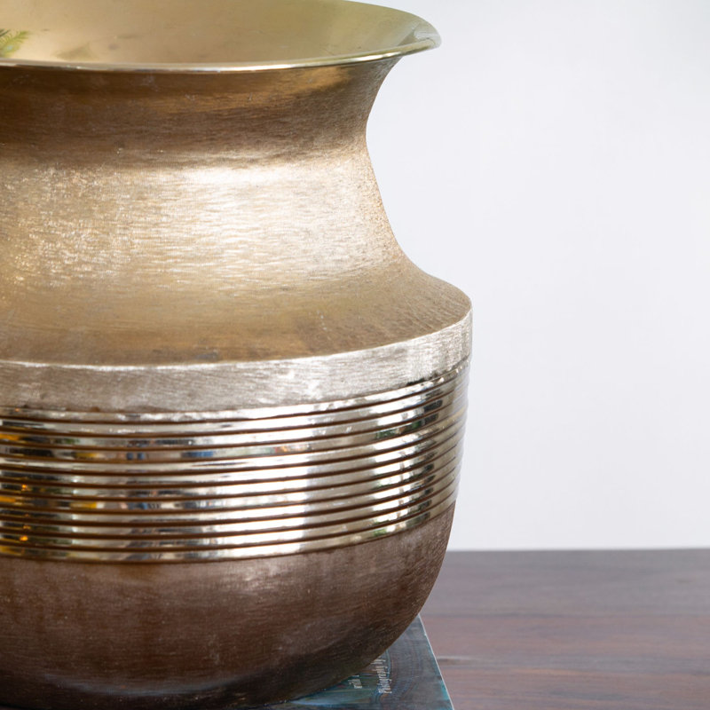 Modern Ribbed Aluminum Vase with Wide Mouth for Floral Arrangements and Tabletop Decor, 11.4" H x 11.8" W x 11.8" D, Gold